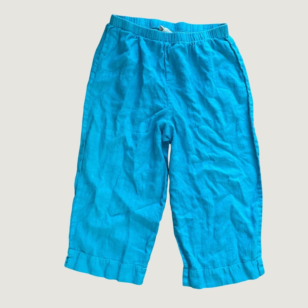 Hot‎ Cotton Crop Pants M 100% Linen Capri Turquoise Blue Wide Leg Casual Relaxed